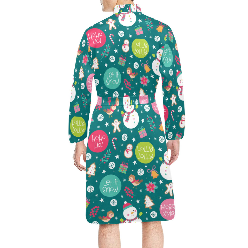 Snowman bird decorative elements christmas pattern Men's Long Sleeve Belted Night Robe