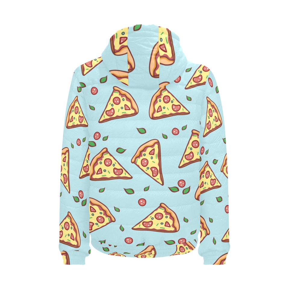 Hand drawn pizza blue background Men's Padded Hooded Jacket