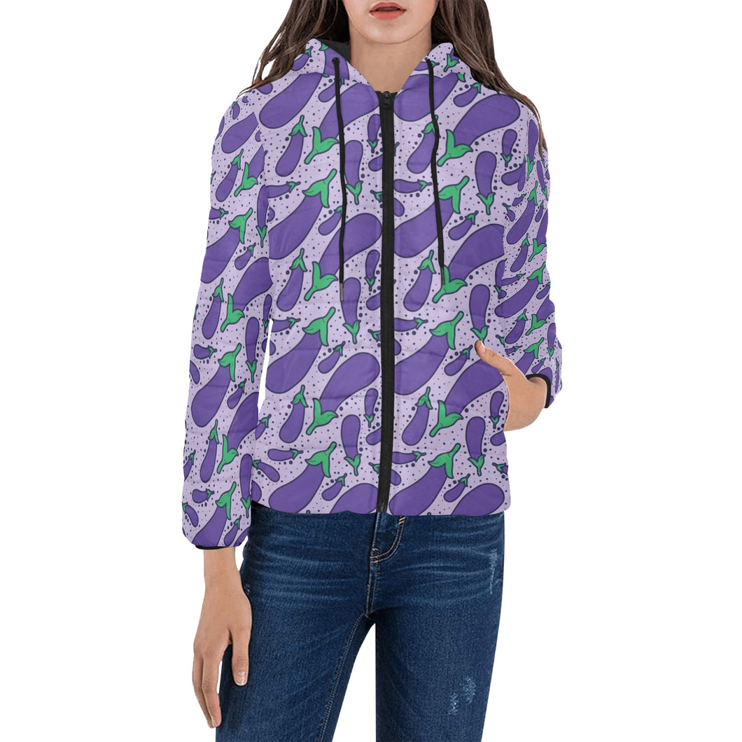 Eggplant Pattern Print Design 03 Women's Padded Hooded Jacket