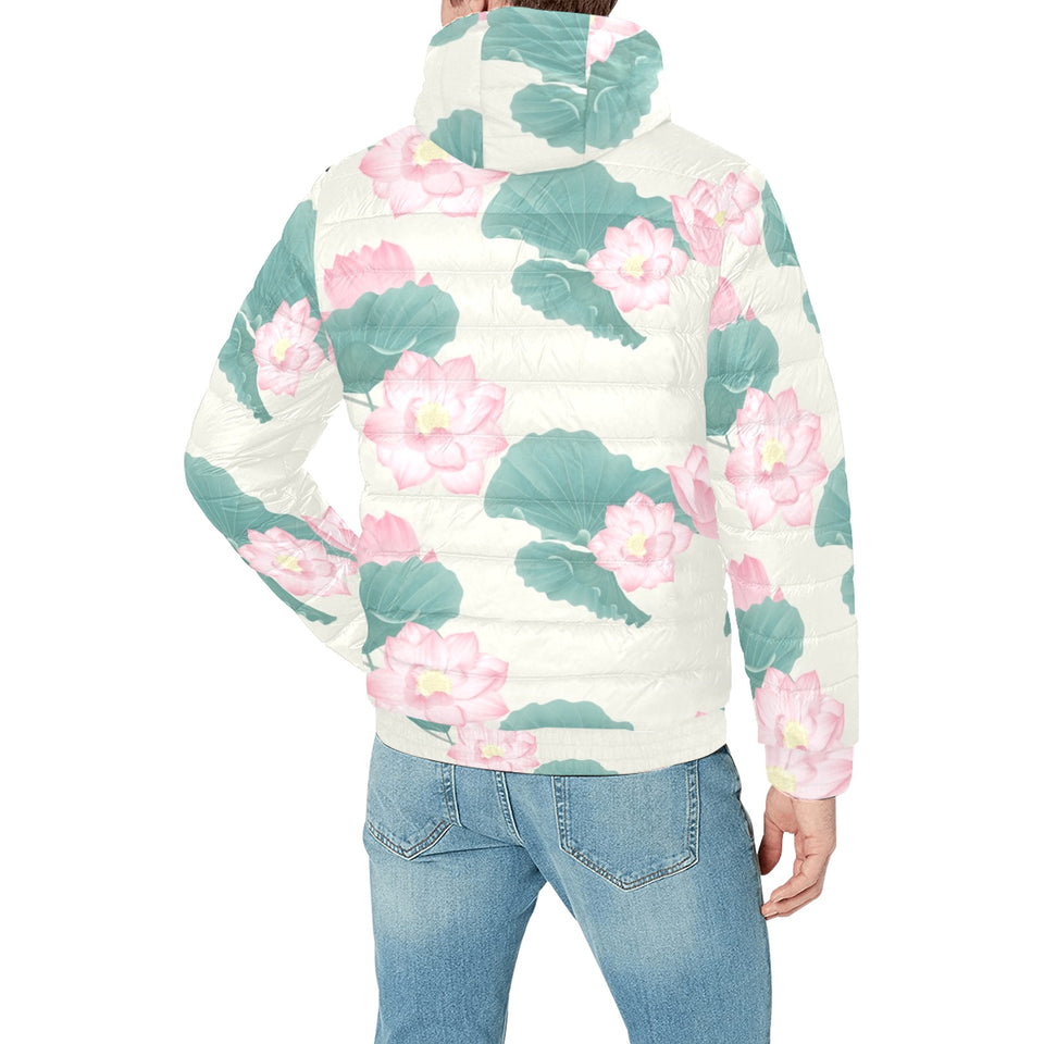 Pink lotus waterlily leaves pattern Men's Padded Hooded Jacket