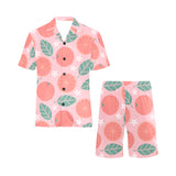 Grapefruit leaves flower pink background Men's V-Neck Short Pajama Set