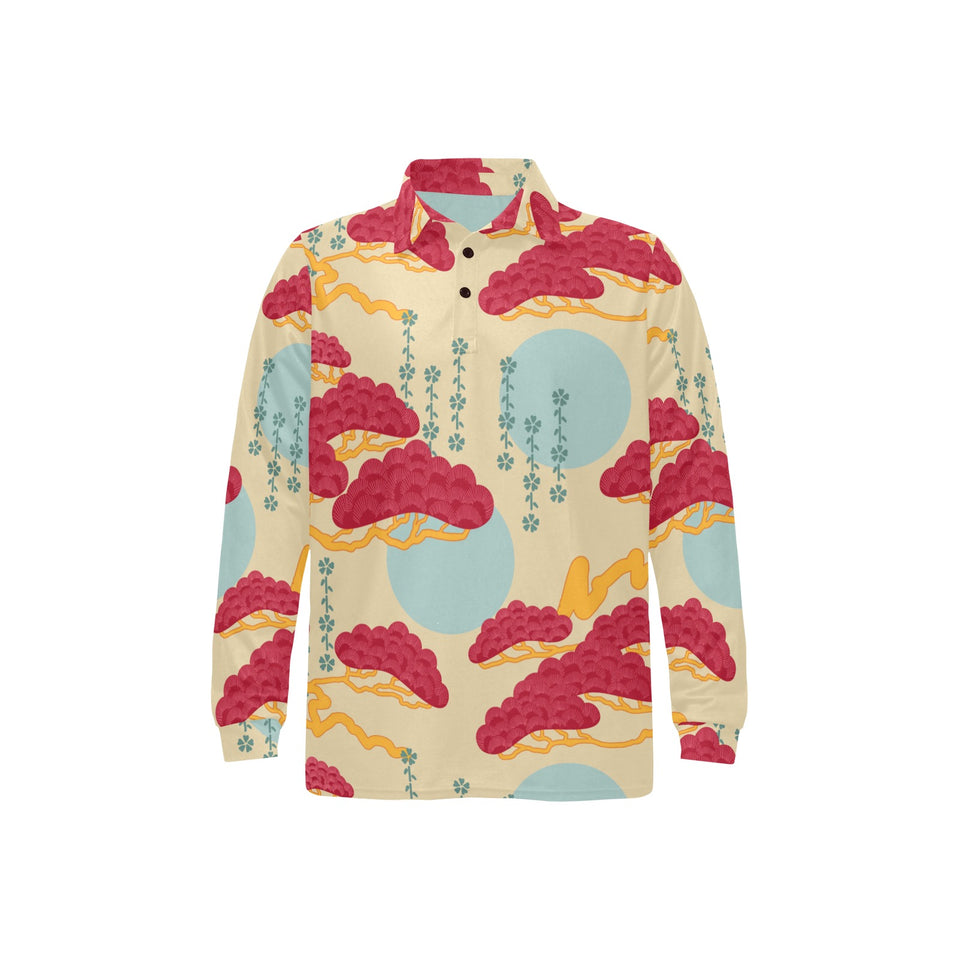 Red Bonsai gray sun japanese pattern Men's Long Sleeve Polo Shirt
