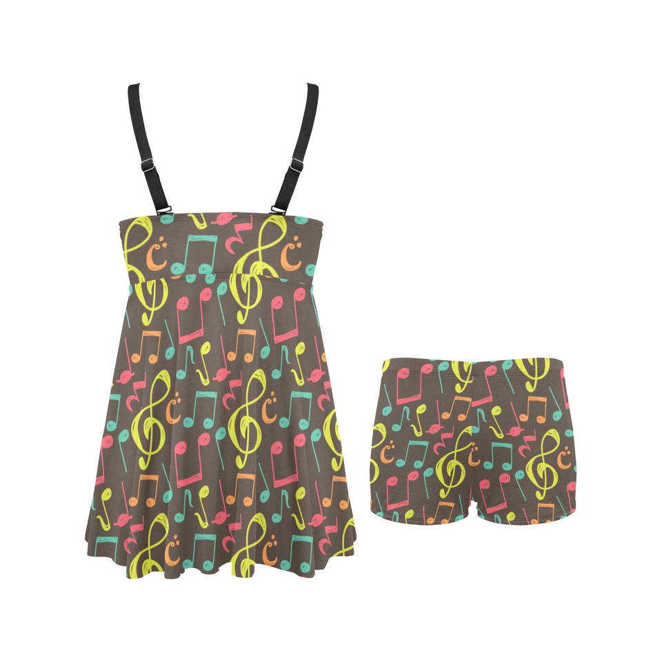 Music Notes Pattern Print Design 05 Chest Sexy Pleated Two Piece Swim Dress