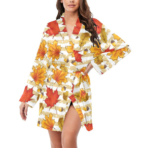 Maple leaf oak leaf acorns beige striped backgroun Women's Long Sleeve Belted Night Robe