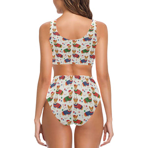 Corgi Christmas Pattern Chest Bowknot High Waisted Bikini Swimsuit