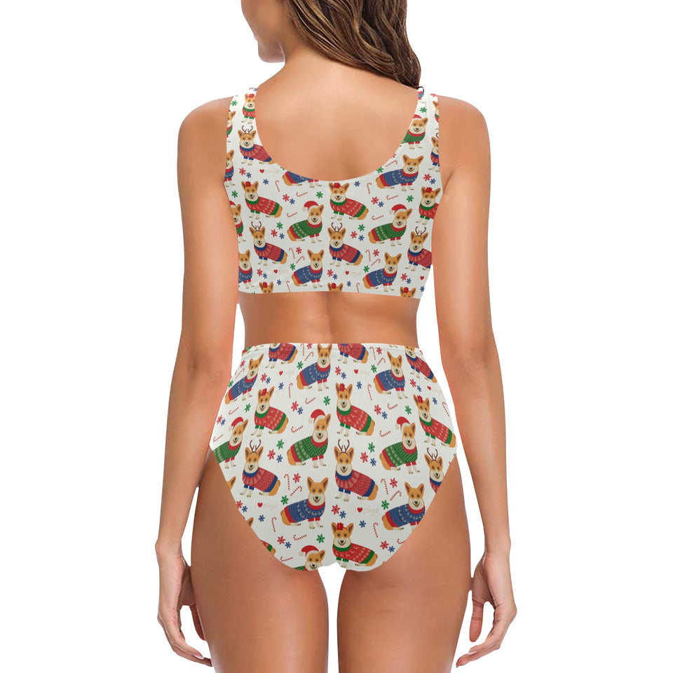 Corgi Christmas Pattern Chest Bowknot High Waisted Bikini Swimsuit