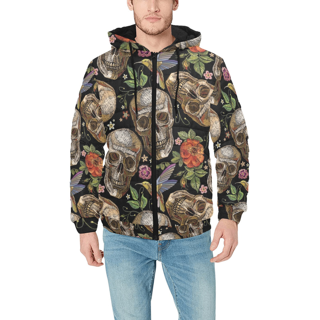 Skull rose humming bird flower pattern Men's Padded Hooded Jacket