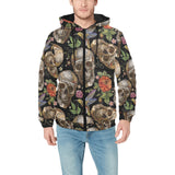 Skull rose humming bird flower pattern Men's Padded Hooded Jacket
