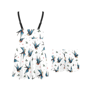 Swallow Pattern Print Design 04 Chest Sexy Pleated Two Piece Swim Dress