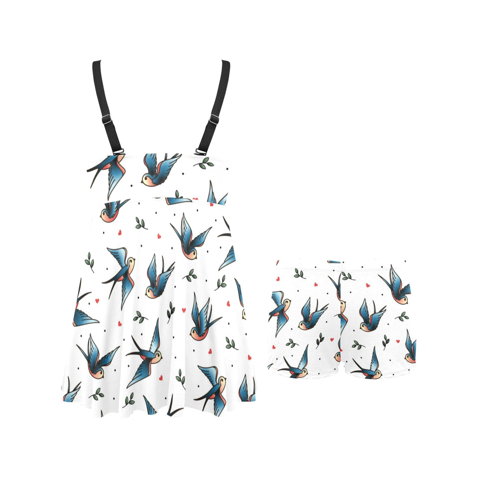 Swallow Pattern Print Design 04 Chest Sexy Pleated Two Piece Swim Dress