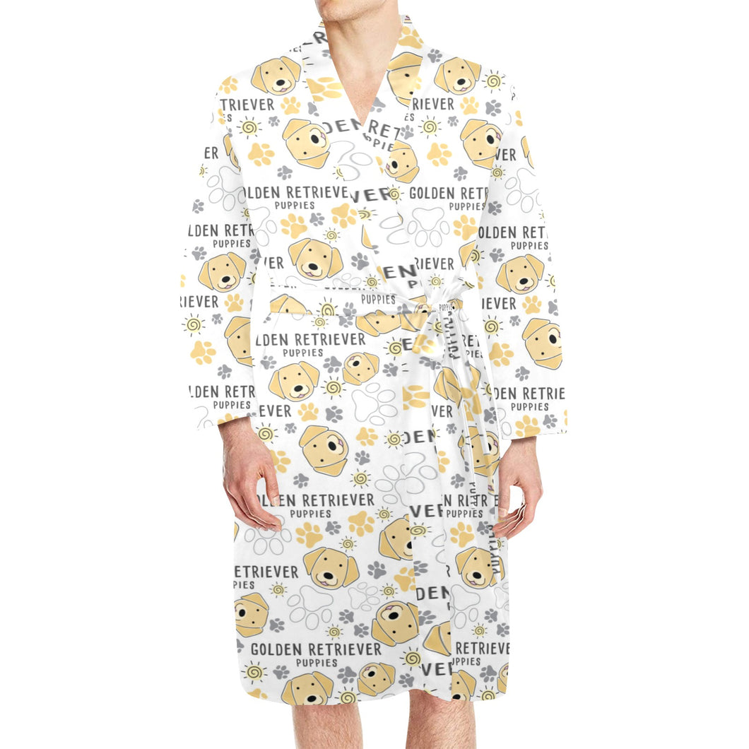 Golden Retriever Pattern Print Design 04 Men's Long Sleeve Belted Night Robe