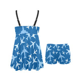 Airplane pattern in the sky Chest Sexy Pleated Two Piece Swim Dress