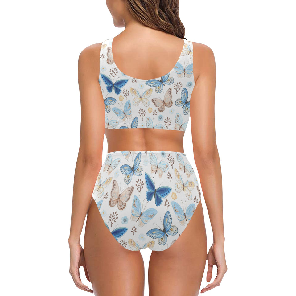blue butterfly pattern Chest Bowknot High Waisted Bikini Swimsuit