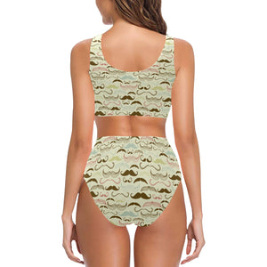 Mustache Beard Pattern Print Design 01 Chest Bowknot High Waisted Bikini Swimsuit