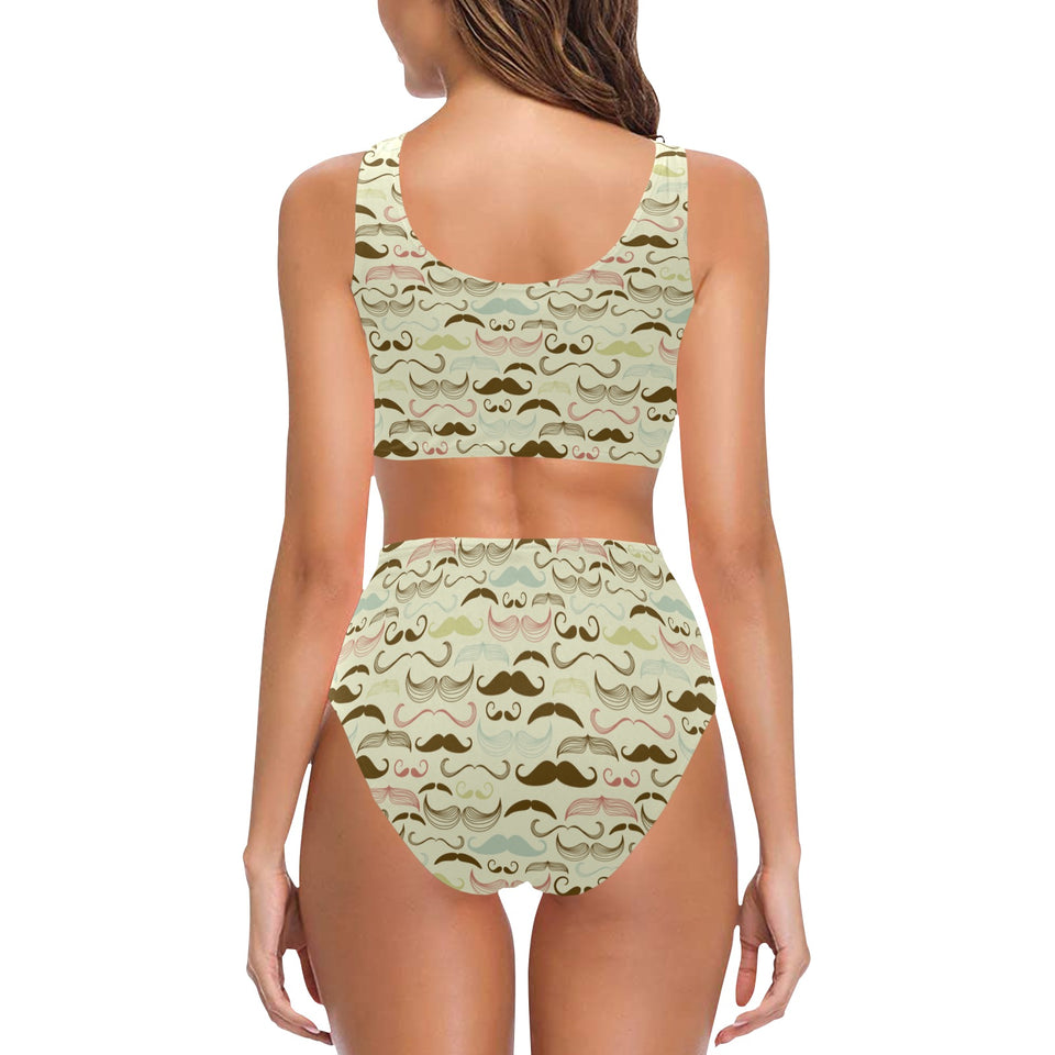 Mustache Beard Pattern Print Design 01 Chest Bowknot High Waisted Bikini Swimsuit