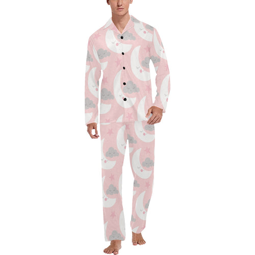 Cute moon cloud star pattern pink dot background Men's Long Pajama Set
