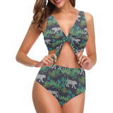 white bengal tigers tropical plant Chest Bowknot High Waisted Bikini Swimsuit