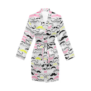 Mustache Beard Pattern Print Design 02 Women's Long Sleeve Belted Night Robe