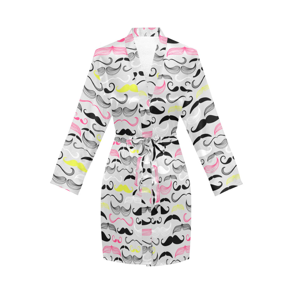 Mustache Beard Pattern Print Design 02 Women's Long Sleeve Belted Night Robe