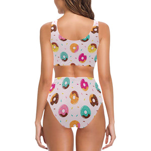 Donut pattern glaze pink background Chest Bowknot High Waisted Bikini Swimsuit