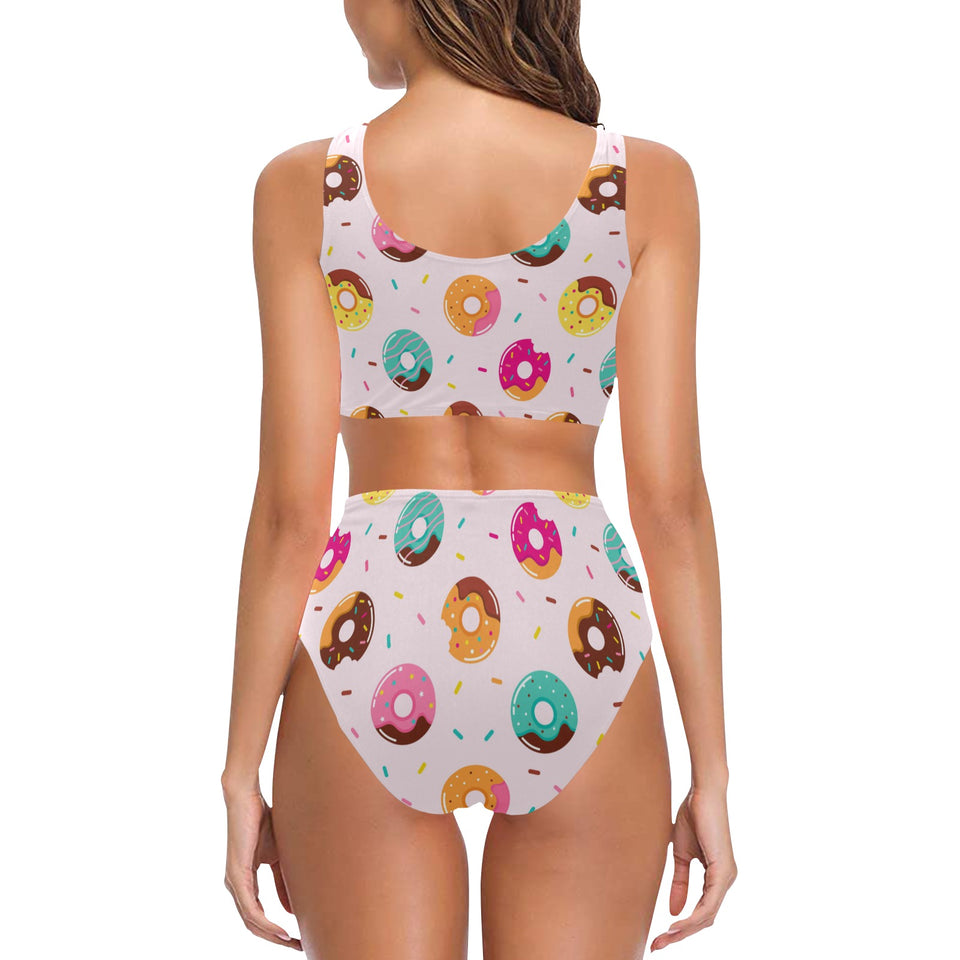 Donut pattern glaze pink background Chest Bowknot High Waisted Bikini Swimsuit