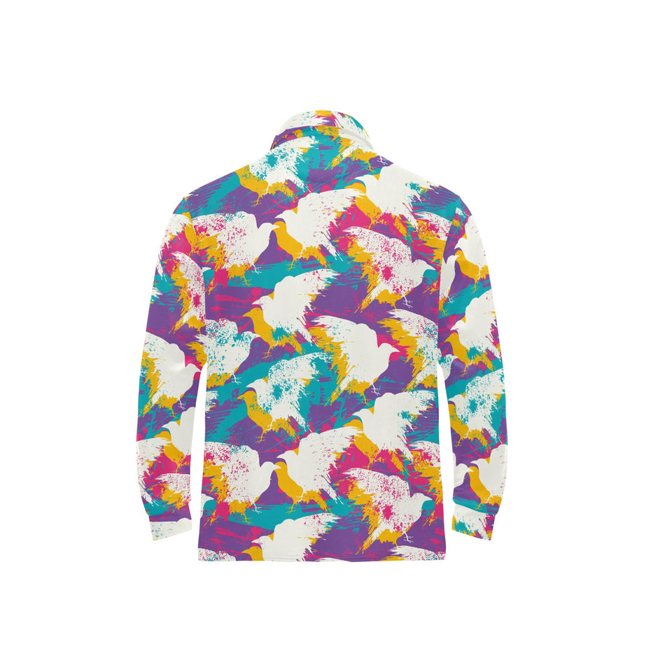 Colorful crow illustration pattern Men's Long Sleeve Polo Shirt