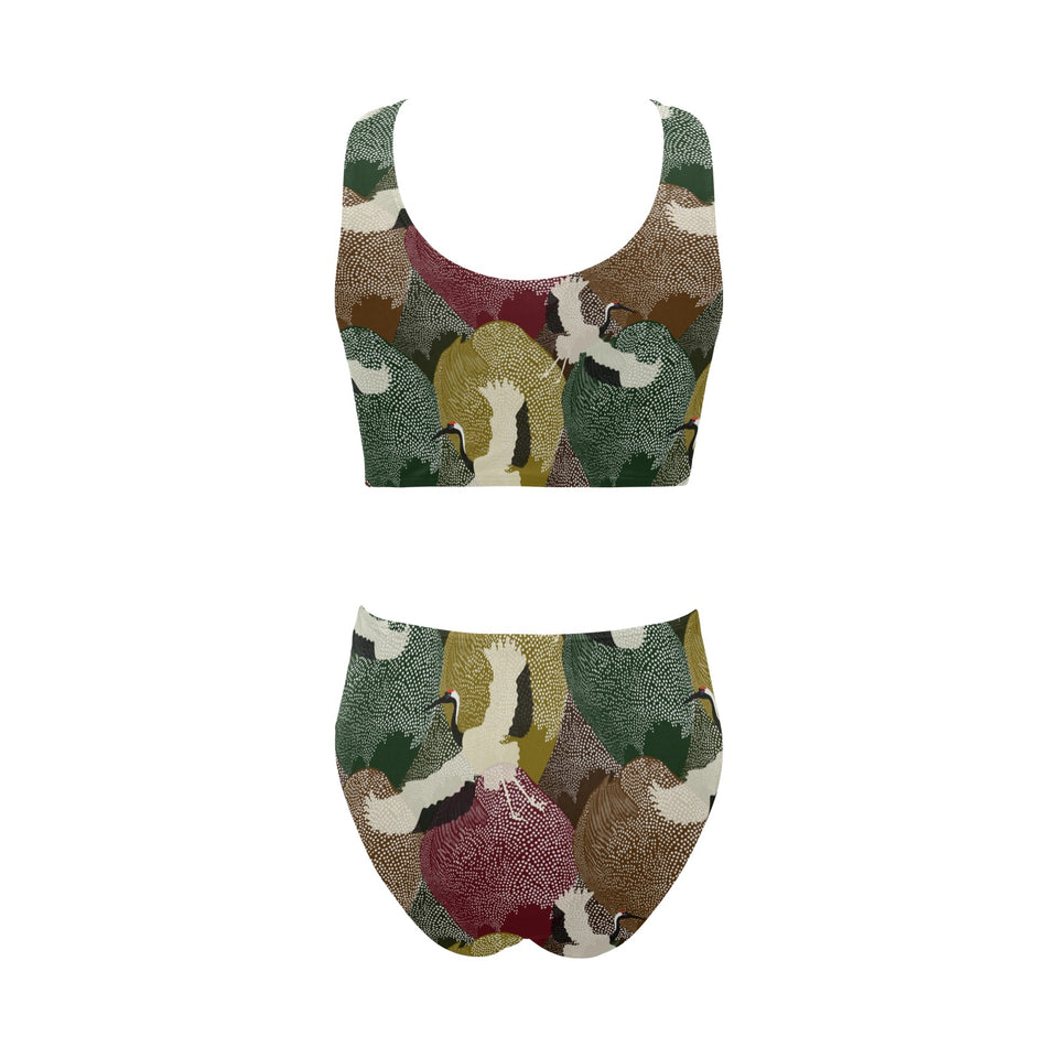 Japanese cranes flying forest dot pattern Chest Bowknot High Waisted Bikini Swimsuit
