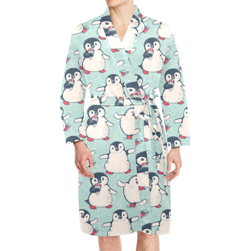 Cute Penguin pattern Men's Long Sleeve Belted Night Robe