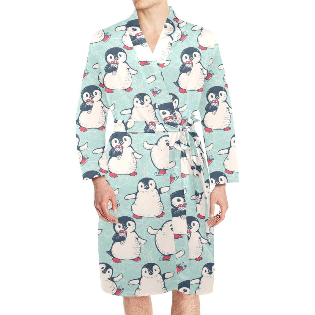 Cute Penguin pattern Men's Long Sleeve Belted Night Robe