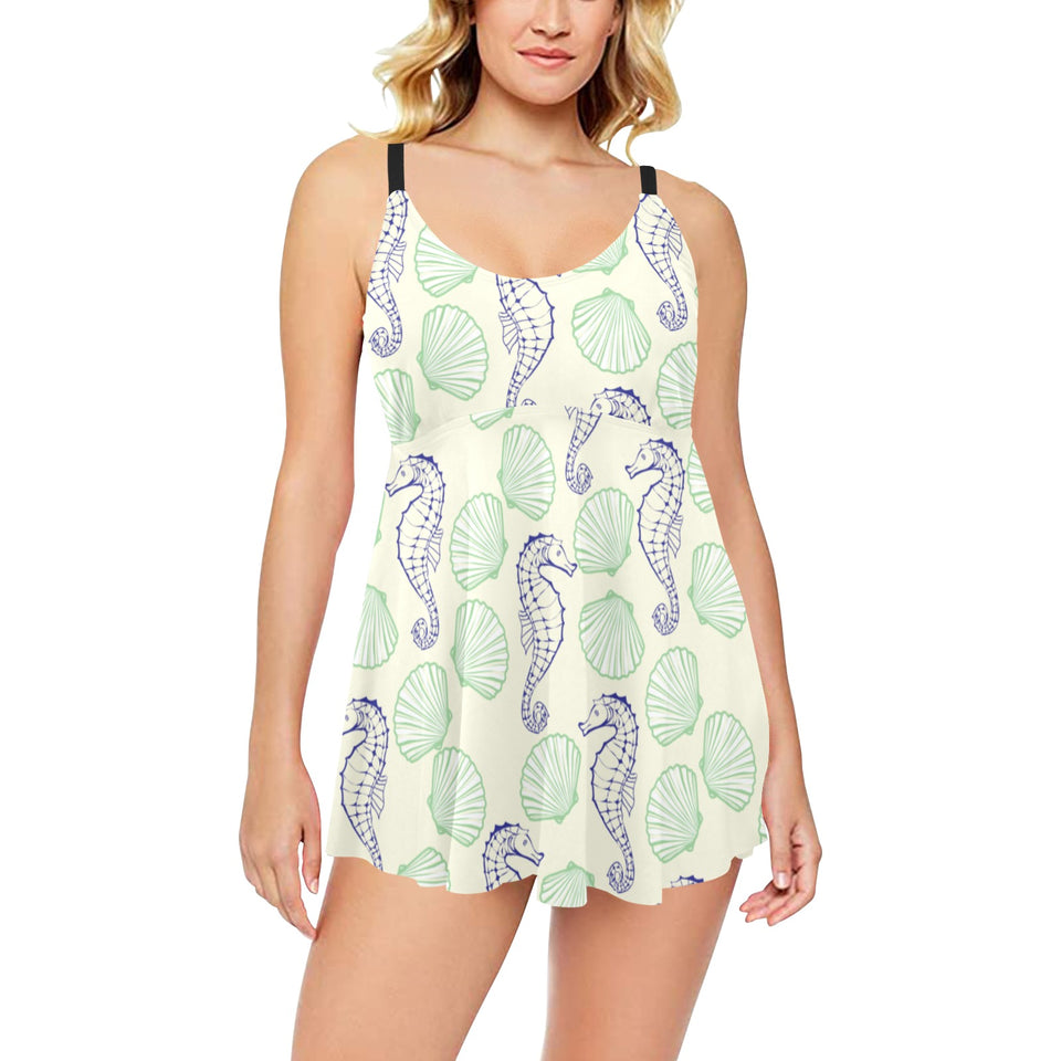 Seahorse shell pattern Chest Sexy Pleated Two Piece Swim Dress