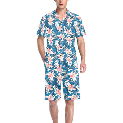 Hibiscus Pattern Print Design 02 Men's V-Neck Short Pajama Set