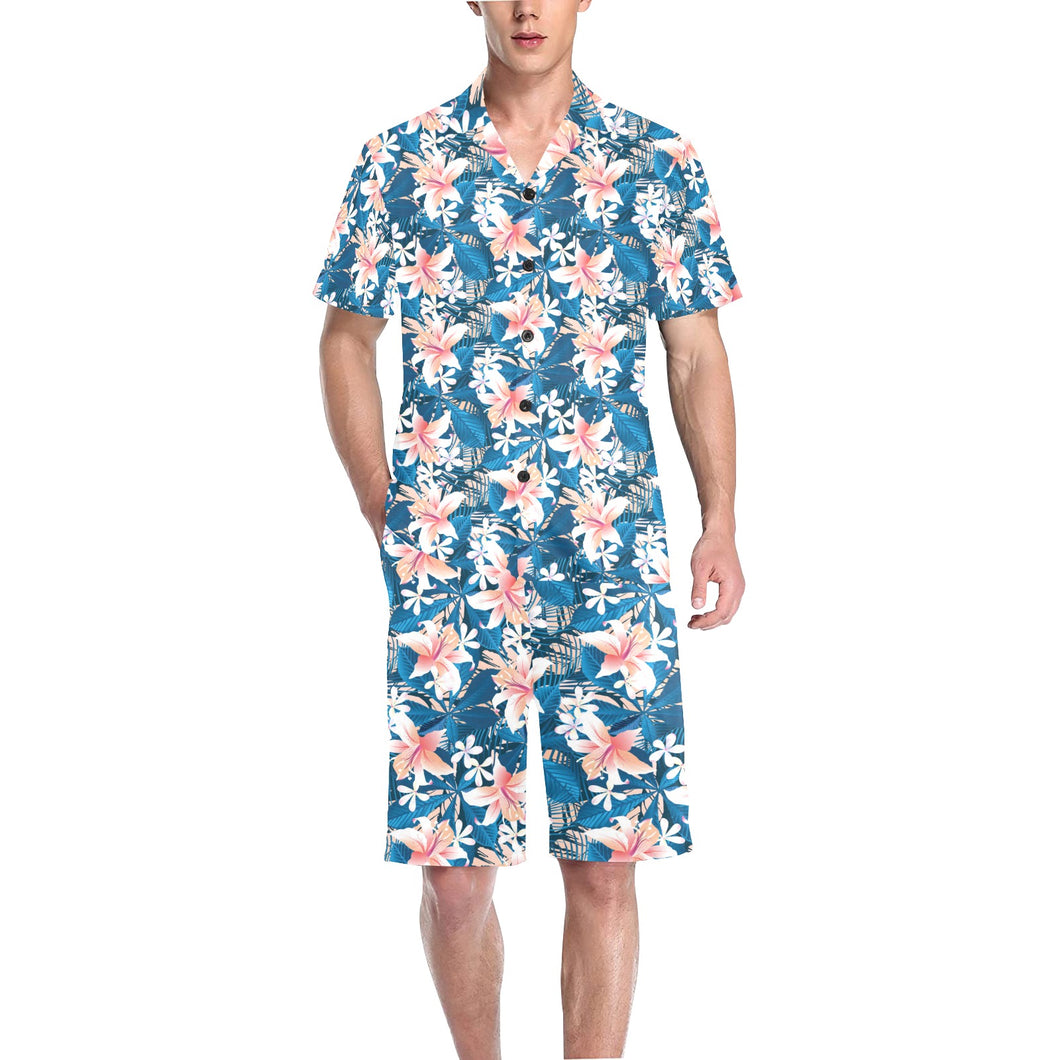 Hibiscus Pattern Print Design 02 Men's V-Neck Short Pajama Set