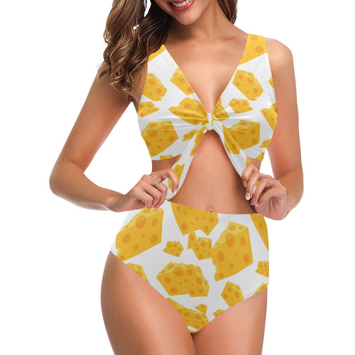 Cheese slice pattern Chest Bowknot High Waisted Bikini Swimsuit