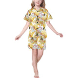 Cool Bee honeycomb leaves pattern Kids' Boys' Girls' V-Neck Short Pajama Set