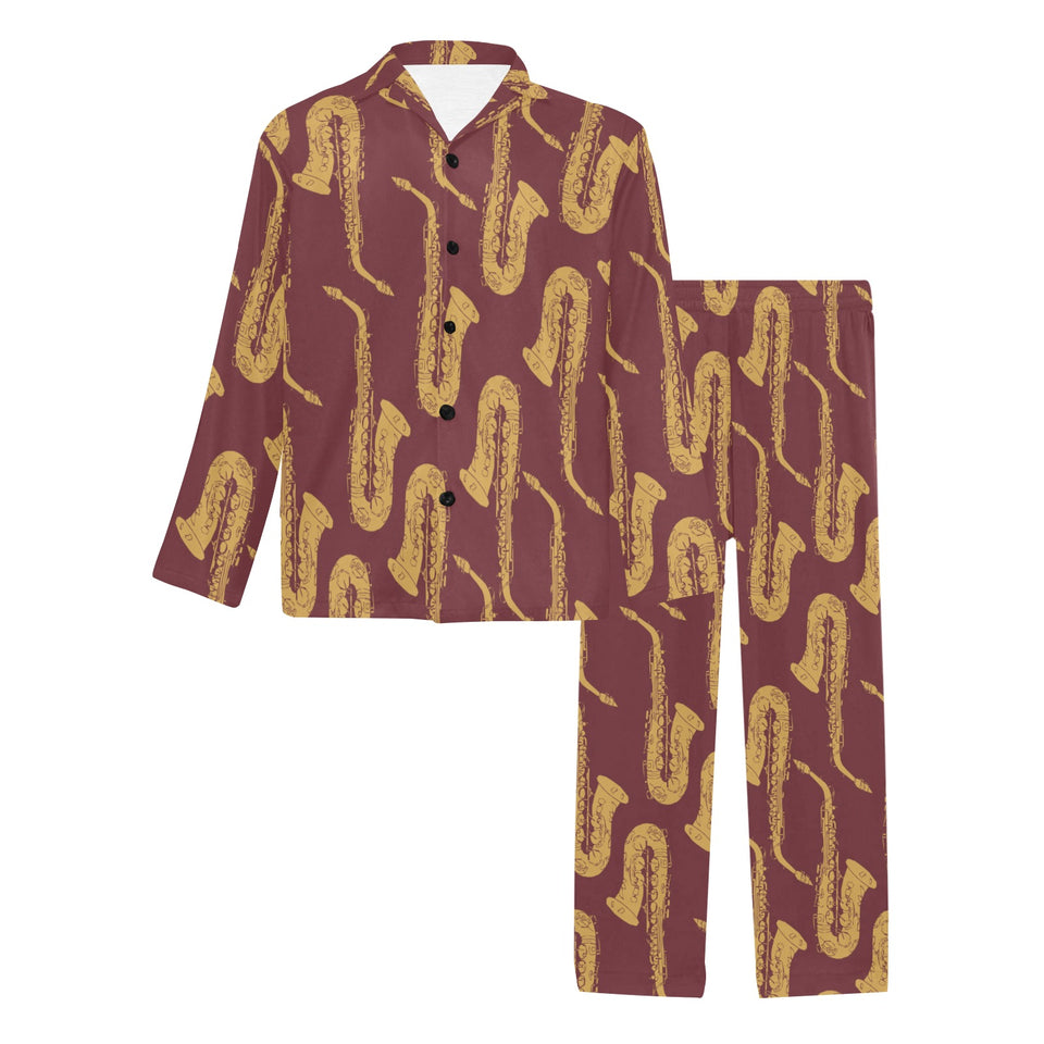 Hand drawn gold saxophone red background Men's Long Pajama Set