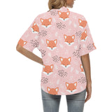 Cute fox pattern pink background Women's All Over Print Hawaiian Shirt