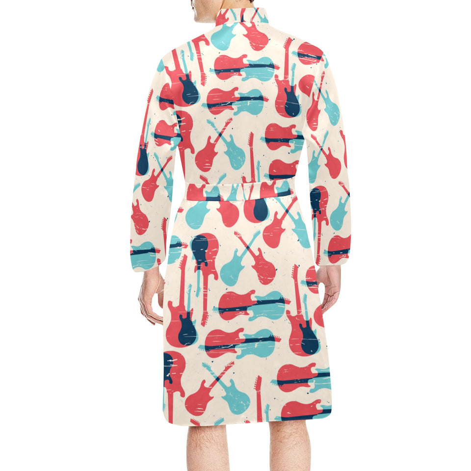 Red Blue guitar pattern Men's Long Sleeve Belted Night Robe
