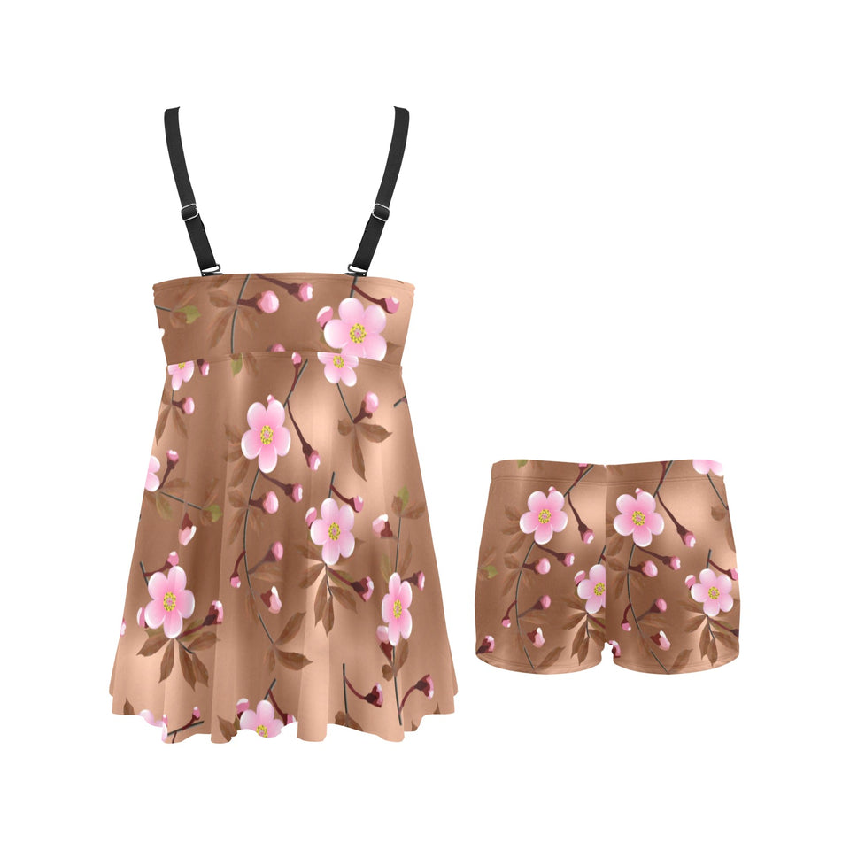 Pink sakura cherry blossom drak brown background Chest Sexy Pleated Two Piece Swim Dress