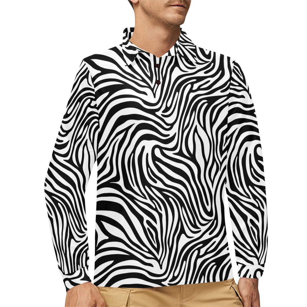 Zebra skin pattern Men's Long Sleeve Polo Shirt