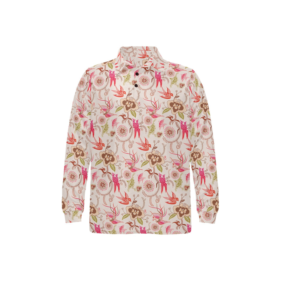 Swallow Pattern Print Design 01 Men's Long Sleeve Polo Shirt