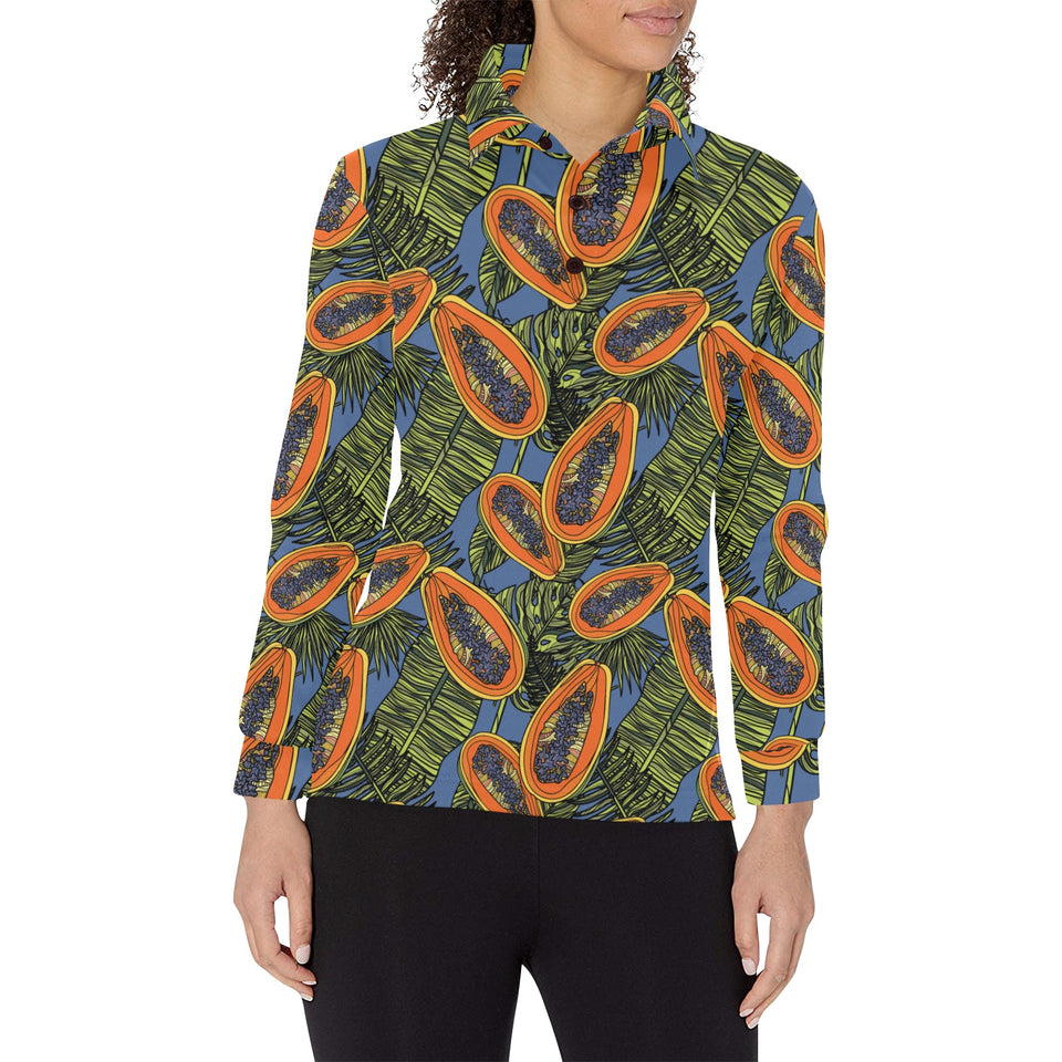 Colorful papaya tropical leaves Women's Long Sleeve Polo Shirt