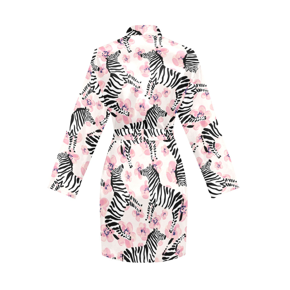 Zebra pink flower background Women's Long Sleeve Belted Night Robe
