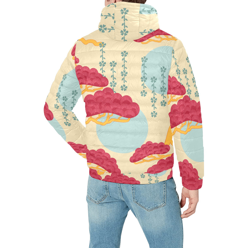 Red Bonsai gray sun japanese pattern Men's Padded Hooded Jacket