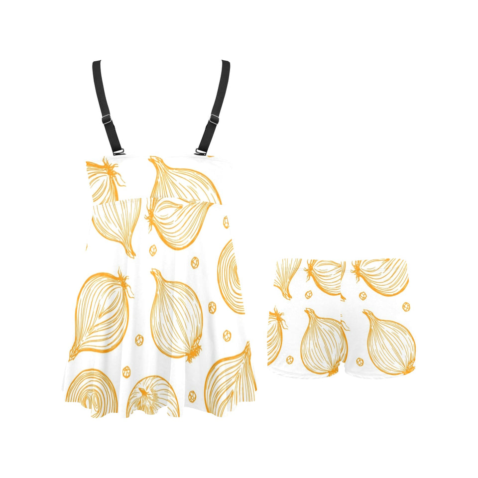 hand drawn onion pattern Chest Sexy Pleated Two Piece Swim Dress
