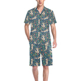 Raccoon tropical leaves pattern Men's V-Neck Short Pajama Set