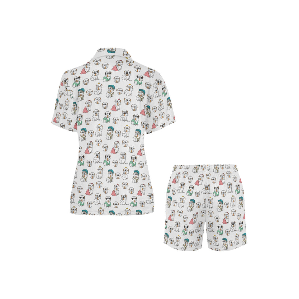 English Bulldog Pattern Print Design 03 Women's V-Neck Short Pajama Set