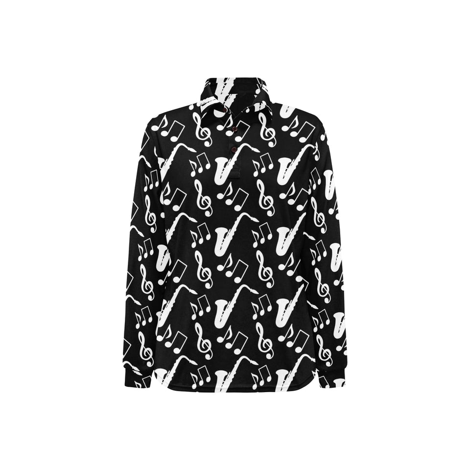 Saxophone music notes treble clef black white them Women's Long Sleeve Polo Shirt