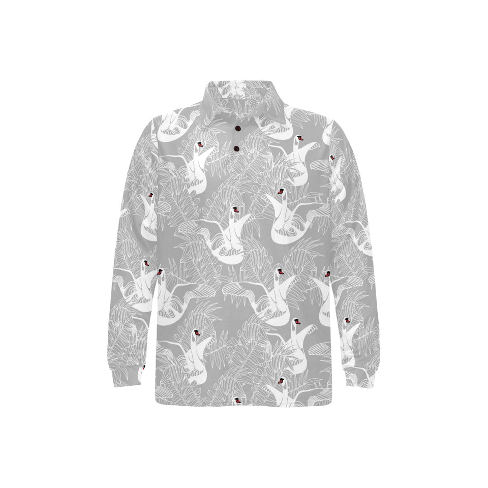 white swan gray background Men's Long Sleeve Polo Shirt