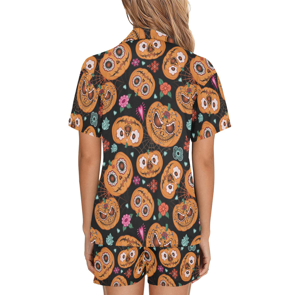 Pumpkin flowers spiderweb Halloween theme Women's V-Neck Short Pajama Set