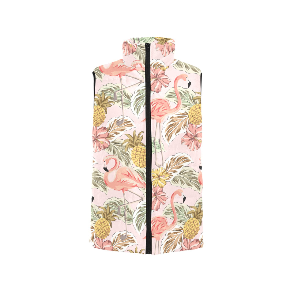Pink flamingo birds pineapples hibiscus flower pat Women's Padded Vest